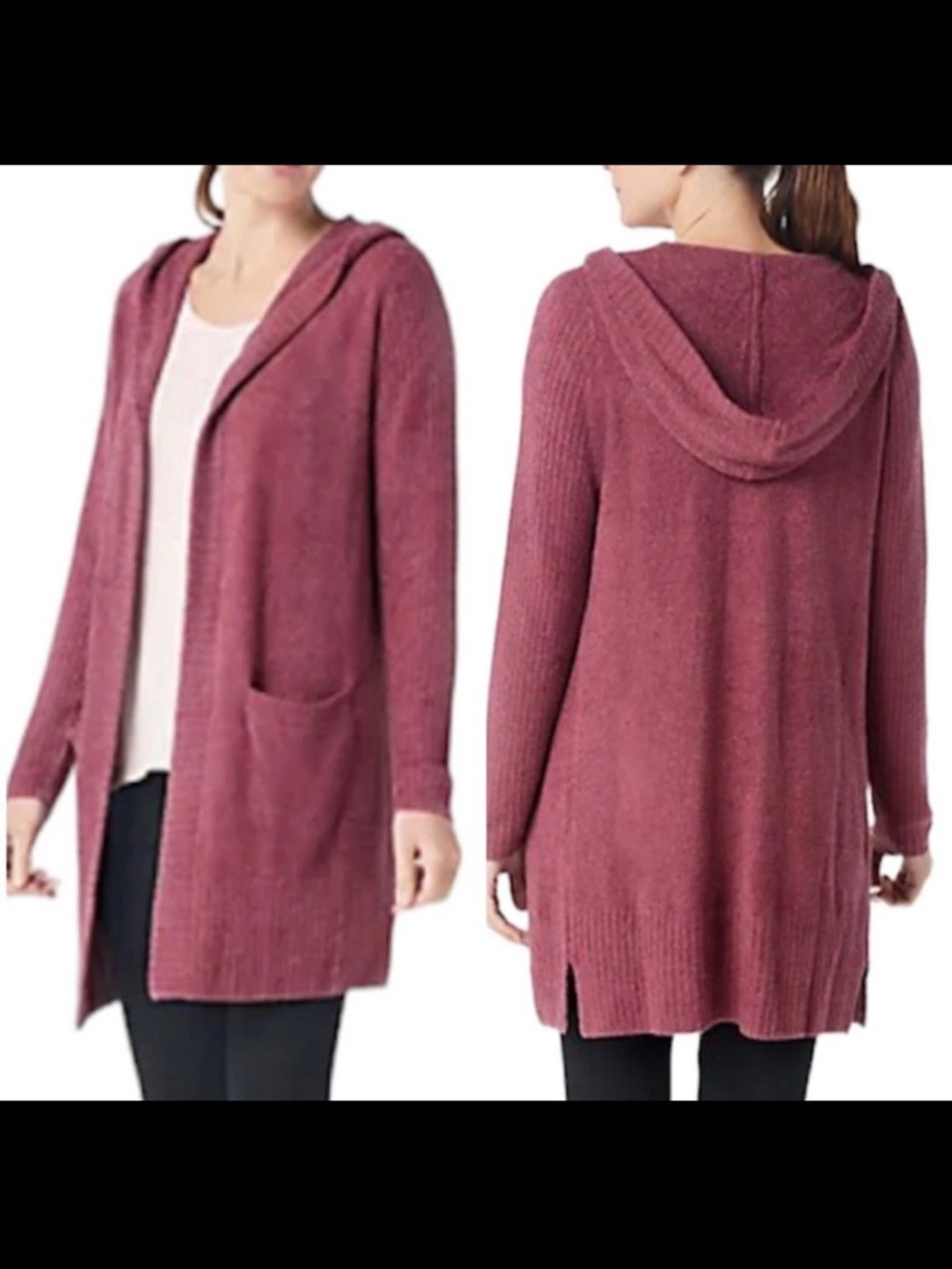 Barefoot Dreams  CozyChic Lite Relaxed Hooded Cardigan  Pockets Berry Pink